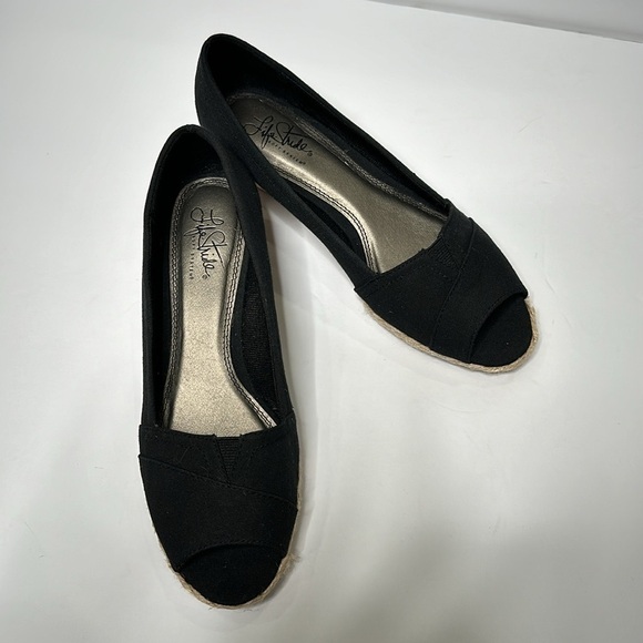 Life Stride Lioness Black Peep Toe Espadrille Wedges Heels Women’s Comfort Shoes - Picture 2 of 13